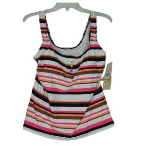 Beach House Women's Tankini Swim Top W/ Soft Cups Size 12 Azalea/Blk Stripe NWT